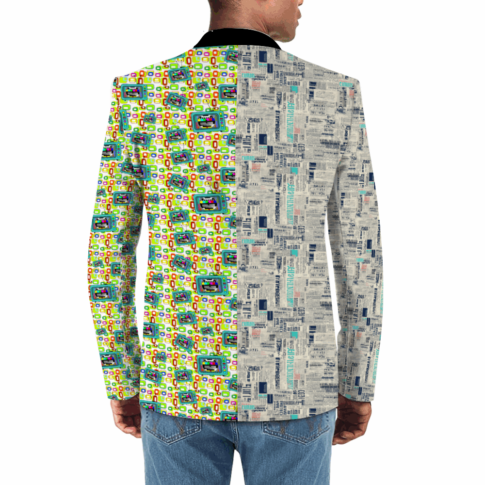 Rogue & Co. Men's Mismatch Casual Blazer- Retro Media featuring split design with vibrant test pattern print on left side and vintage newsprint pattern on right side, black lapel collar, fitted silhouette shown from back view