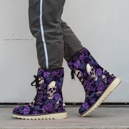 "Enchanting Treadz Winter Boots - Gothic Garden by ShitHot feature skulls and purple flowers for a gothic winter statement."