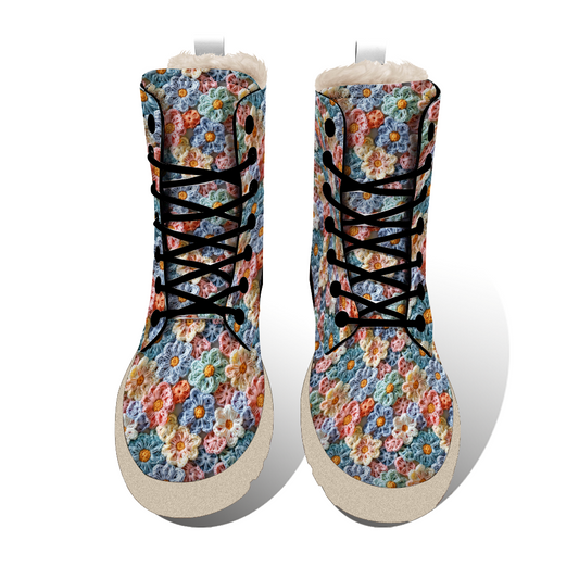 "ShitHot Treadz Winter Unisex Boots - The Posy with crochet flower design, mercerized velvet, and cozy fur lining."