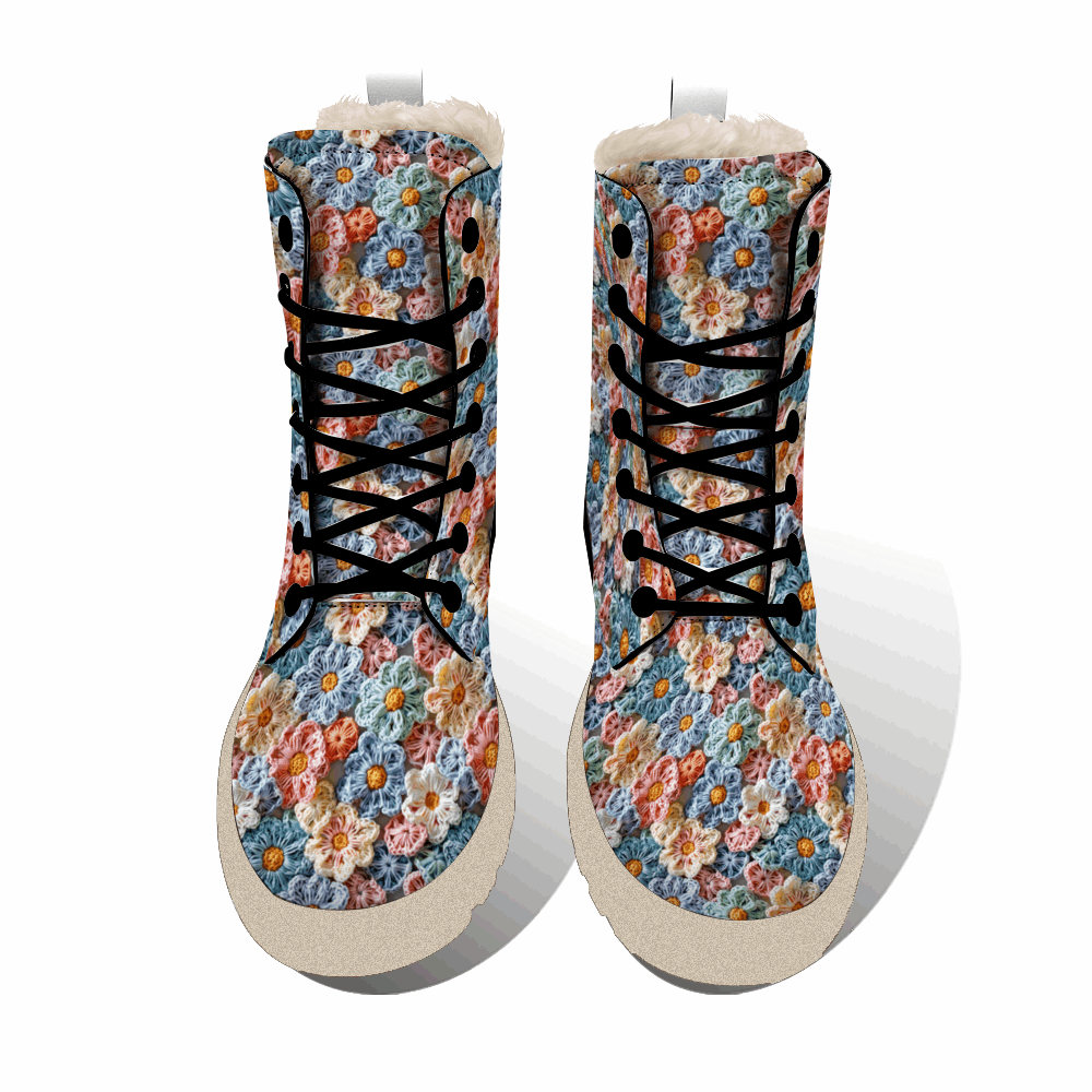 "ShitHot Treadz Winter Unisex Boots - The Posy with crochet flower design, mercerized velvet, and cozy fur lining."