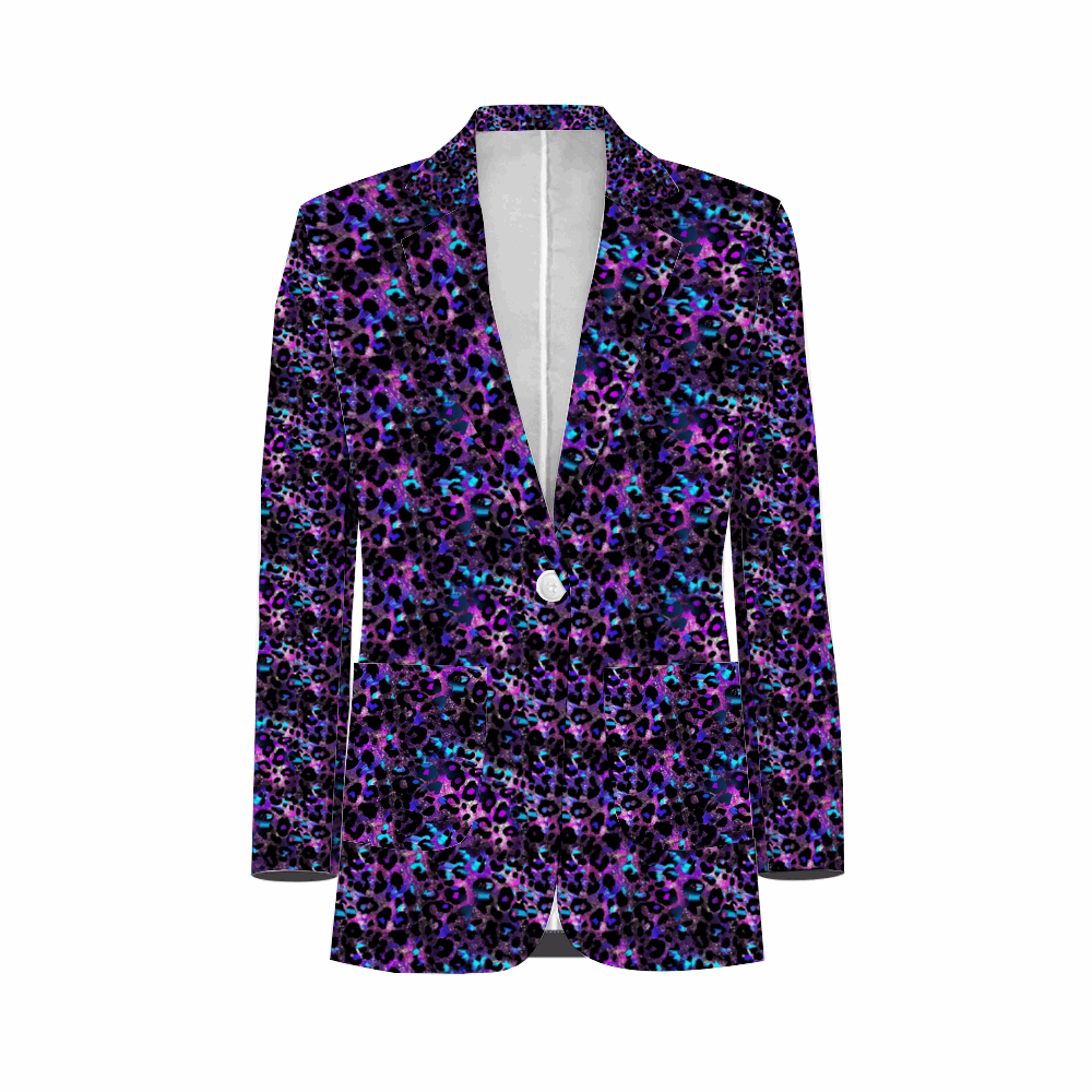 Rogue & Co. Men's Casual Blazer- Futuristic Leopard: Vibrant blue and purple leopard print sportscoat with single button closure, perfect for casual and business casual wear. Eye-catching design on a sleek, tailored silhouette.