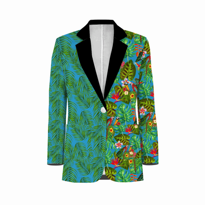 Rogue & Co. Men's Mismatch Casual Blazer - Tropicana featuring split design with green palm leaves on blue background on left side and tropical foliage with colorful birds on right side, complemented by black lapel and single button closure