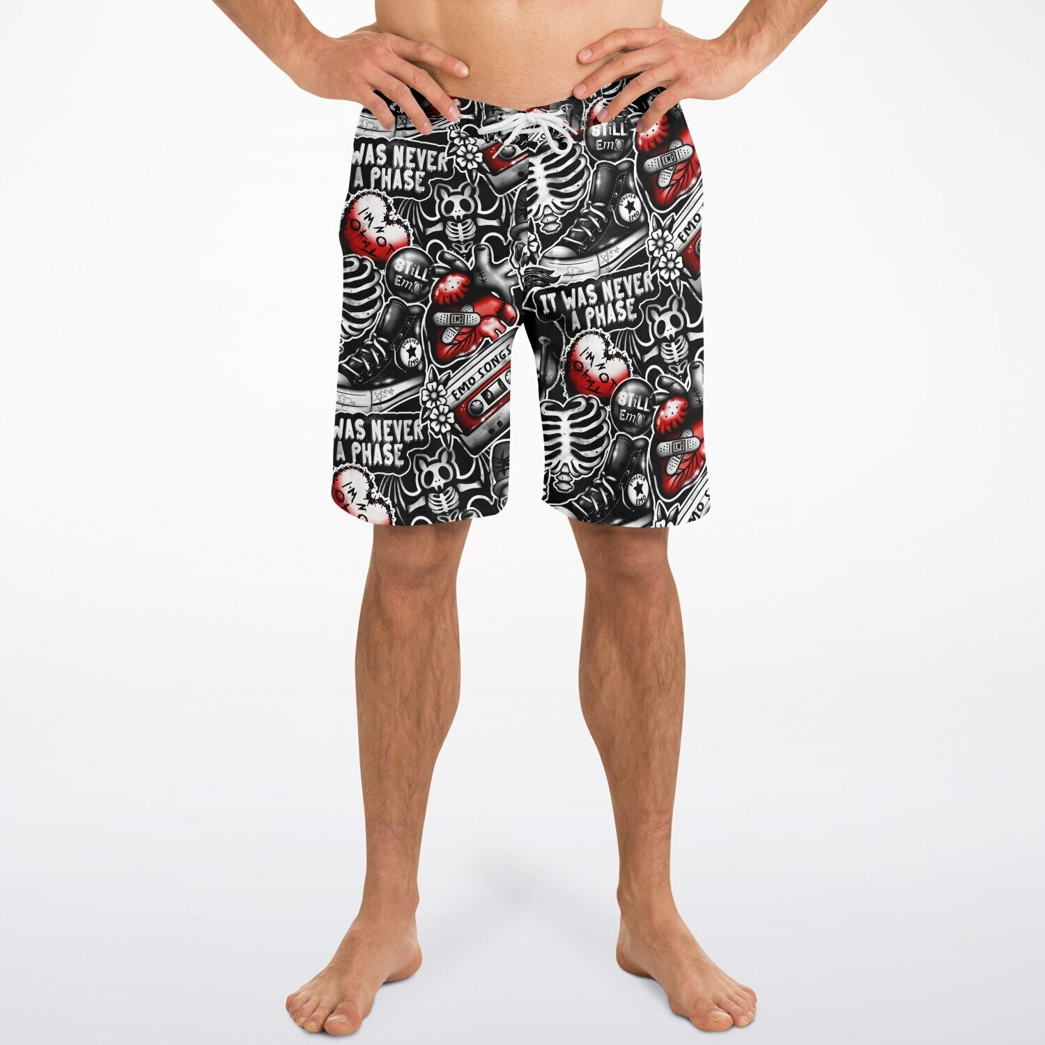 Rip Tide Men's Board Shorts - Emo Vibes featuring an edgy black and white pattern with skeletons wearing hats, cassette tapes, and bold red accents. Quick-dry board shorts with elastic waistband, mesh-lined pockets, and modern punk-inspired design perfect for beach or pool wear.