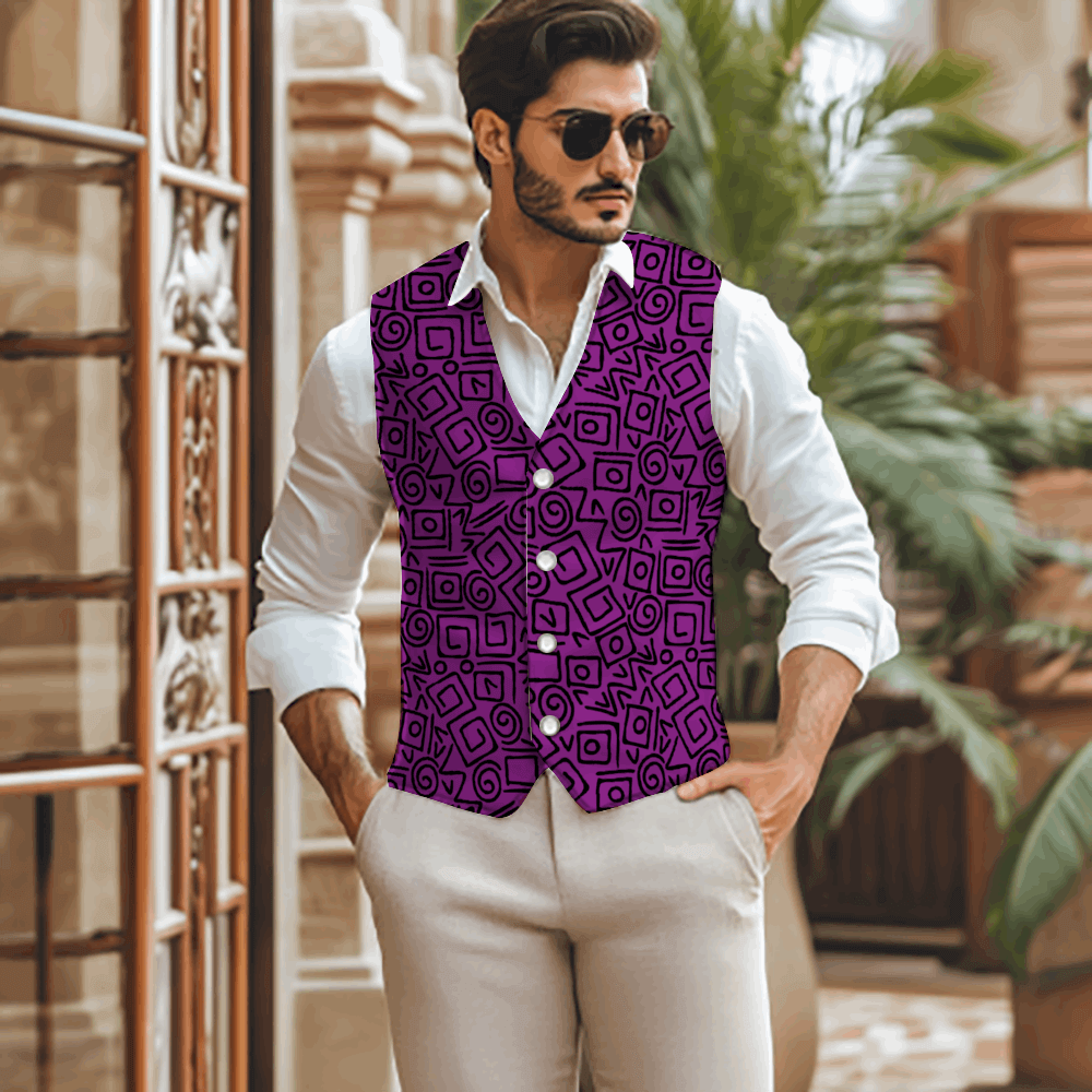 Stylish man wearing Rogue & Co Woven Fabric Vest in abstract purple, perfect for making a statement in any setting.