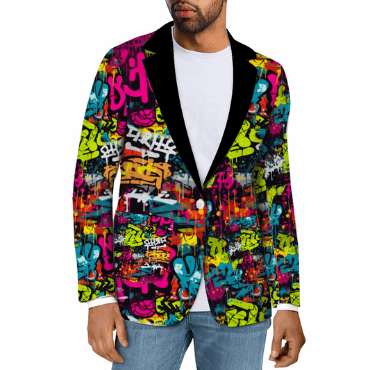 Rogue & Co. Men's Casual Blazer with vibrant street art design featuring colorful graffiti patterns in pink, blue, yellow, and black, styled with white t-shirt and blue jeans for urban fashion statement