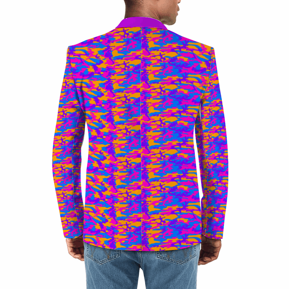 Rogue & Co. Men's Casual Blazer- Storm Camo in vibrant purple, blue, and orange swirl pattern. Back view of model wearing blazer with jeans, showcasing unique camo design and tailored fit for stylish casual wear.