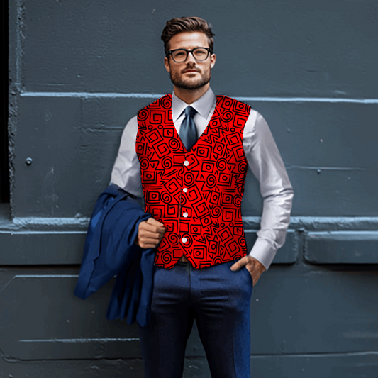 Rogue & Co Woven Fabric Vest - Abstract Red worn by stylish man with glasses, white shirt, and blue trousers. Vibrant red vest features bold geometric pattern. Blue jacket draped over arm. Perfect for summer outings and versatile fashion.