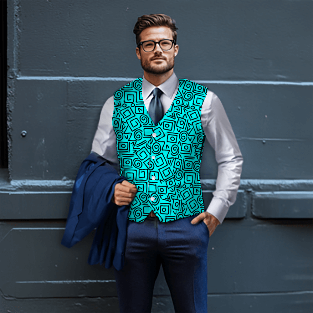 Man wearing the Rogue & Co Woven Fabric Vest in vibrant abstract blue, exuding stylish confidence against a gray backdrop.