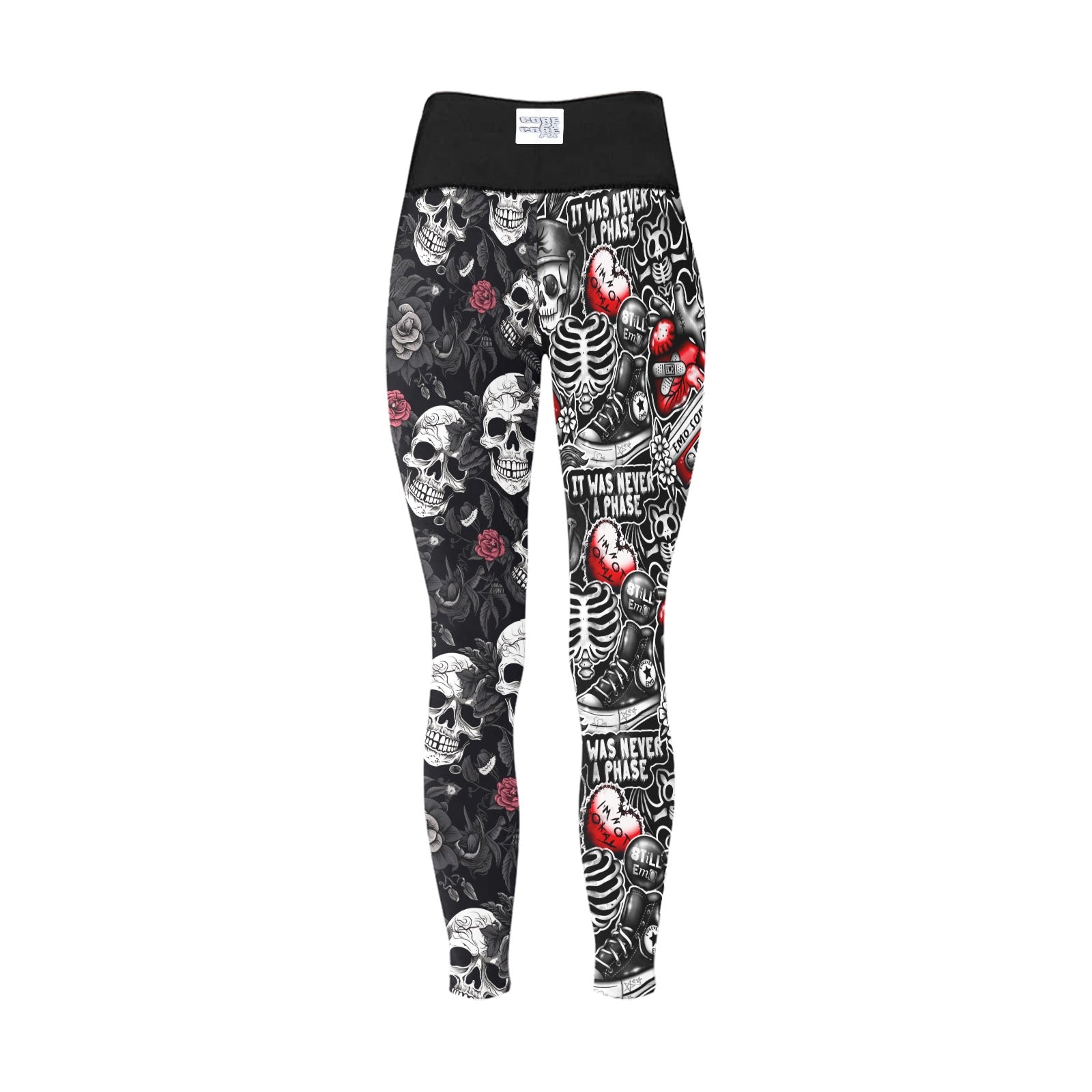 High Waisted Mismatch Core FX Leggings featuring contrasting black and white panels with gothic skull designs, red accents, and skeleton motifs. One leg displays scattered skulls and roses, while the other showcases text and skeleton artwork, complete with a wide black waistband.