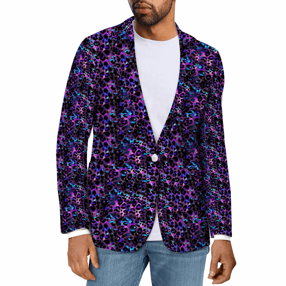 Rogue & Co. Men's Casual Blazer- Futuristic Leopard showcased on model wearing white t-shirt and jeans. Vibrant purple and blue leopard print blazer with single button closure, contrasting against casual attire, highlighting versatile styling options for this eye-catching statement piece.