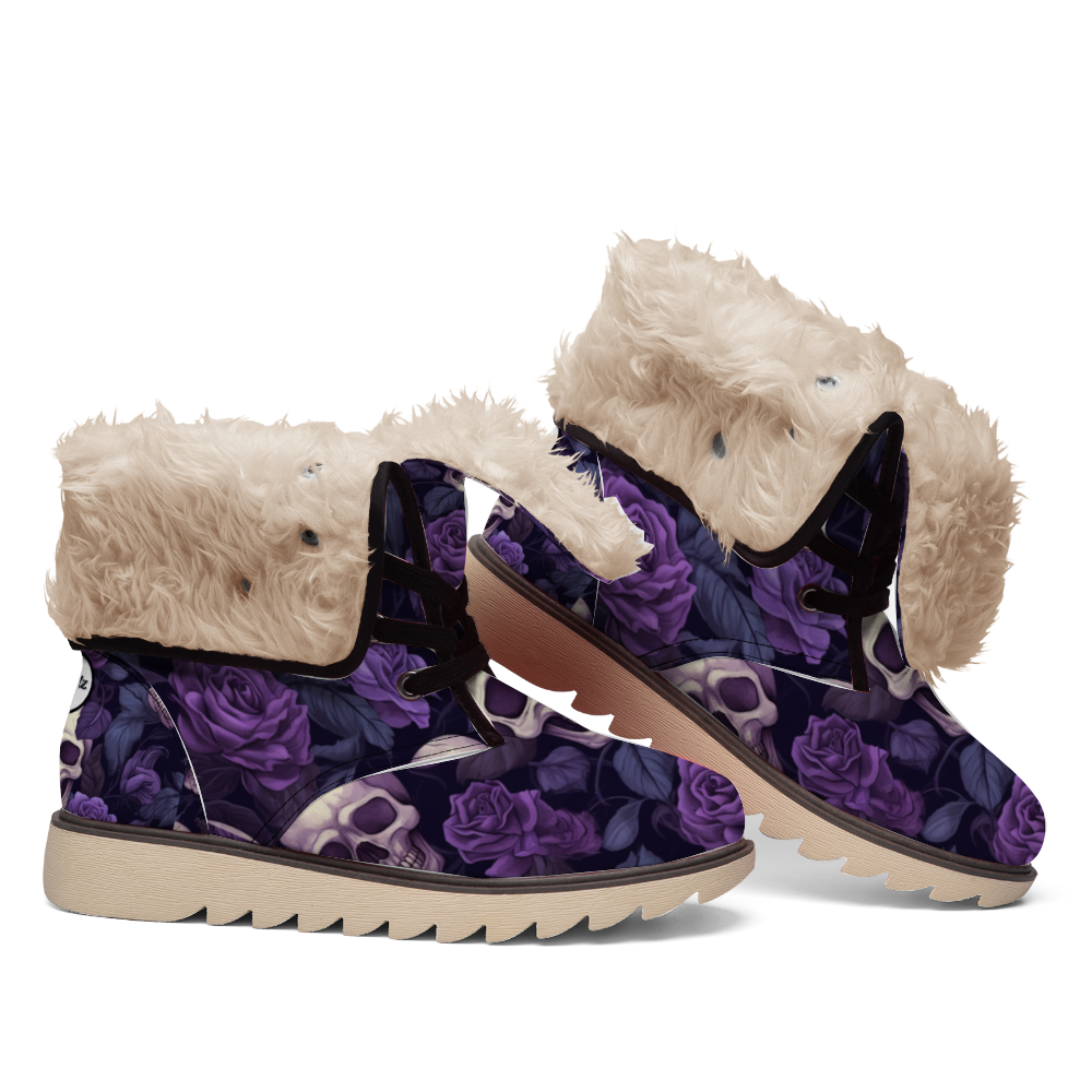 "Enchanting Treadz Winter Boots - Gothic Garden by ShitHot feature skulls and purple flowers for a gothic winter statement."