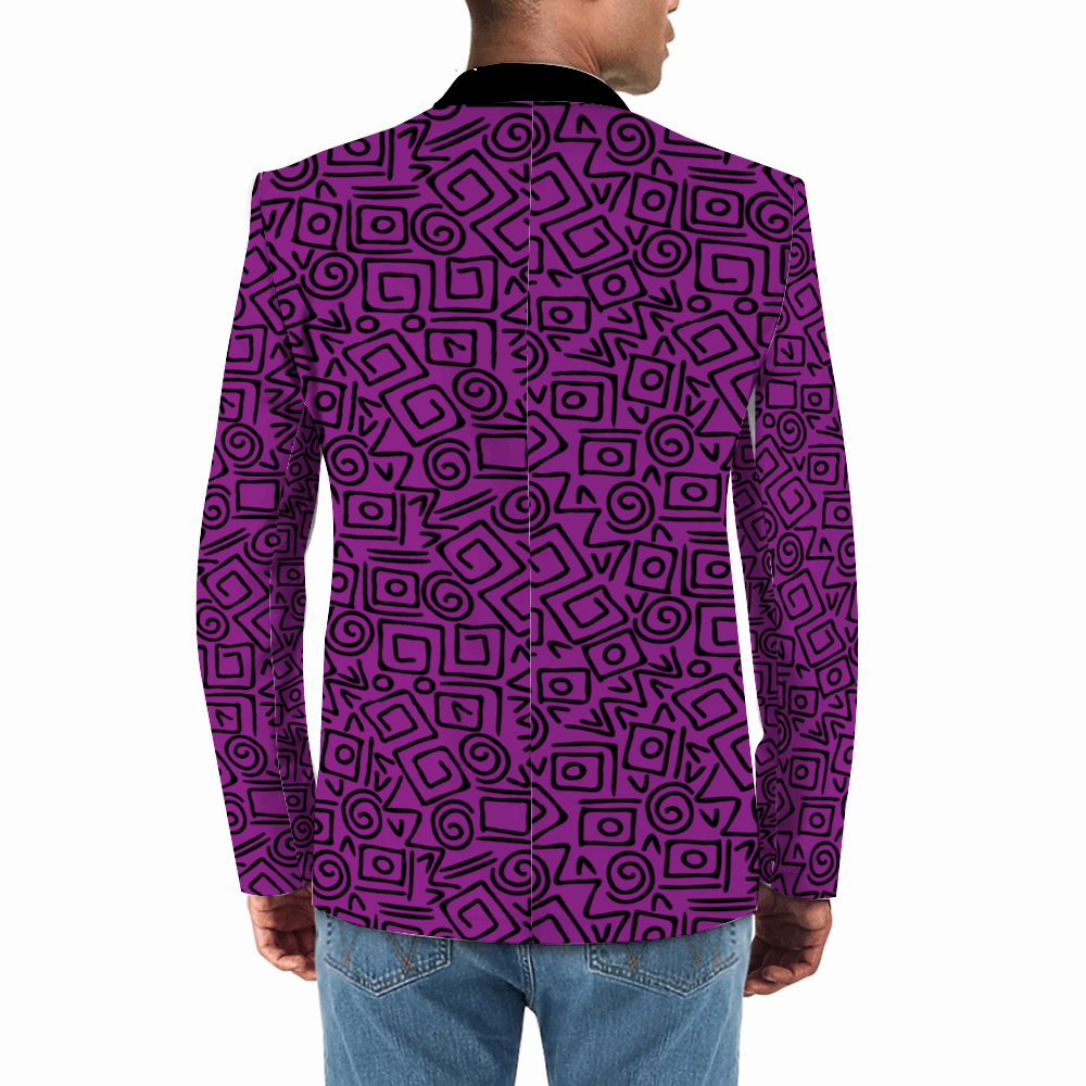 Rogue & Co. Men's Casual Blazer- Abstract Purple featuring vibrant geometric pattern on bright purple background, black lapel, slim fit design, perfect for stylish casual wear