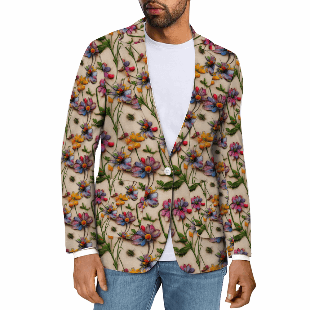 Rogue & Co. Men's Casual Blazer- Wildflower featuring vibrant floral print on cream background. Colorful blue, pink, and yellow flowers with green stems create 3D illusion effect. Styled with white t-shirt and blue jeans for casual yet stylish look.