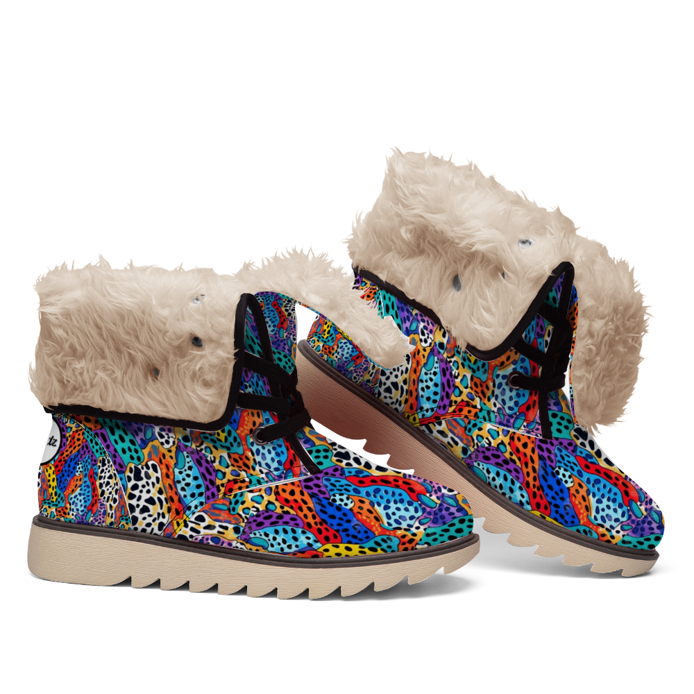 "Shop ShitHot Treadz Winter Boots - Wild Cheetah with bold neon print, luxurious velvet, and cozy fur lining."