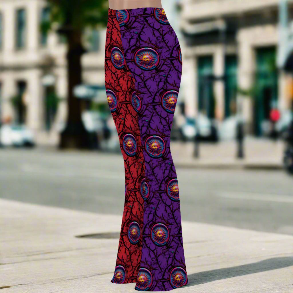 Stretch Bell Bottom Flares featuring vibrant red and purple geometric pattern with circular medallion designs, high-waisted fit and flared leg silhouette. All-over print design on comfortable stretch fabric perfect for yoga, dance, and casual wear.