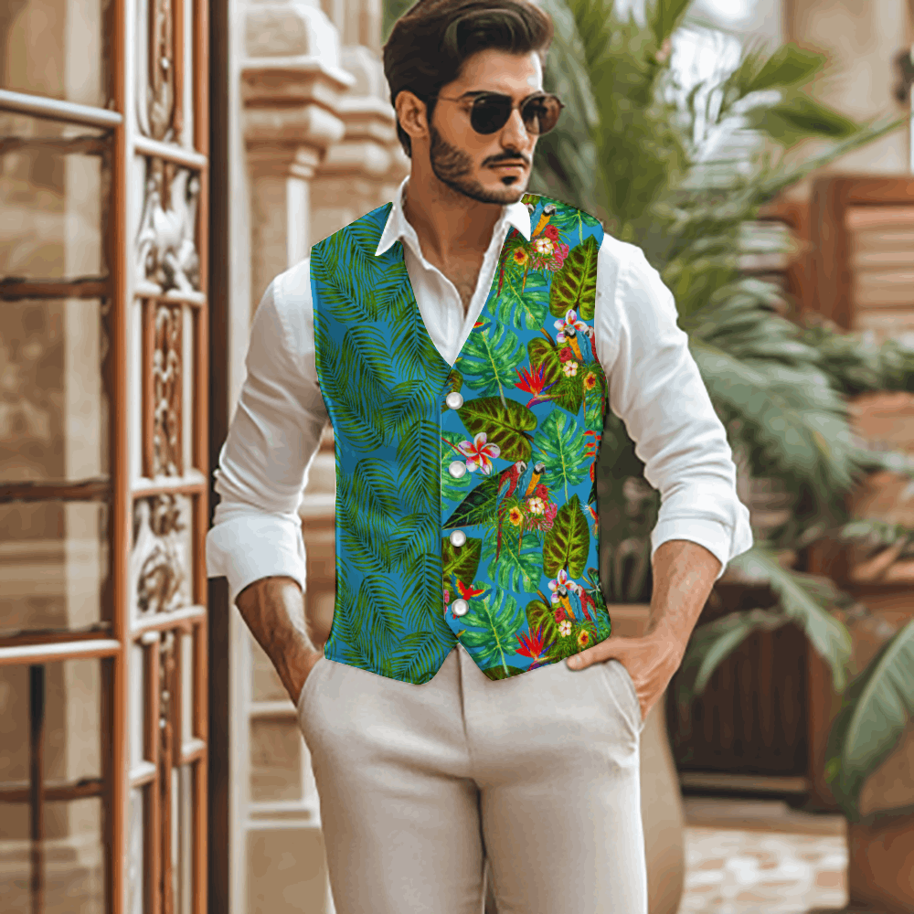 Rogue & Co Mismatch Woven Fabric Vest - Tropicana featuring split design with blue-green palm leaves and vibrant tropical birds, styled with white shirt and cream pants in elegant outdoor setting