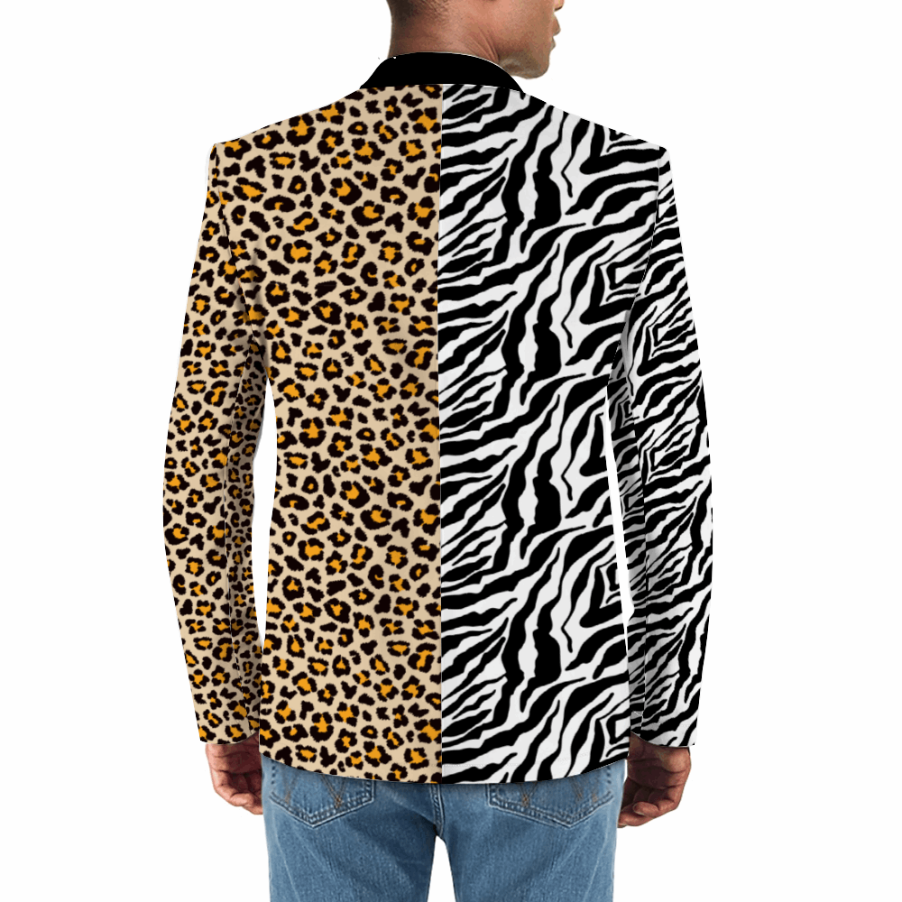 Rogue & Co. Men's Mismatch Casual Blazer- Safari featuring split design with leopard print on left side and zebra stripes on right side, black lapel collar, tailored fit shown from back view against white background