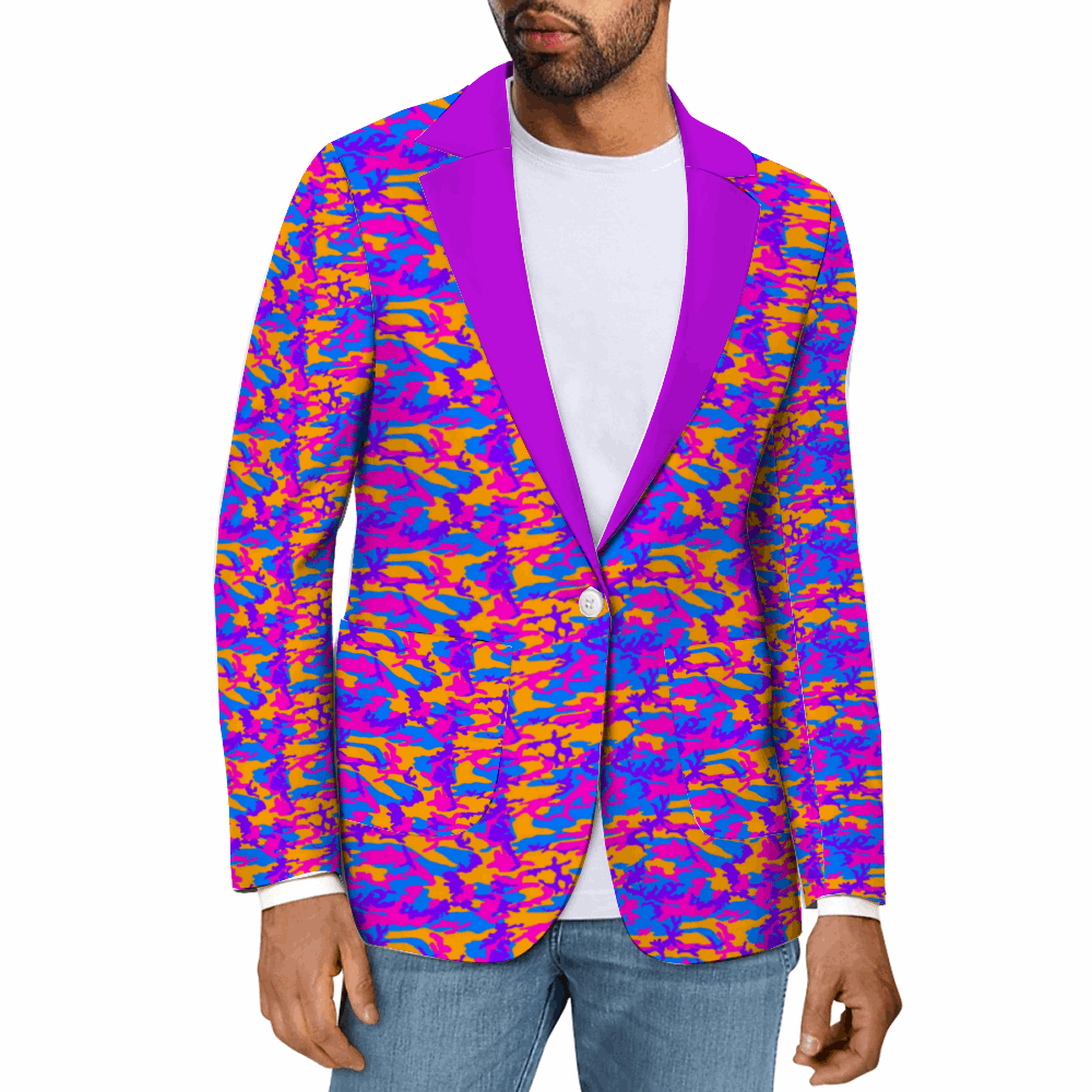 Rogue & Co. Men's Casual Blazer- Storm Camo featuring vibrant purple, blue, and orange swirl pattern. Stylish sportscoat worn over white t-shirt and blue jeans, showcasing bold camouflage design for a striking and versatile look.