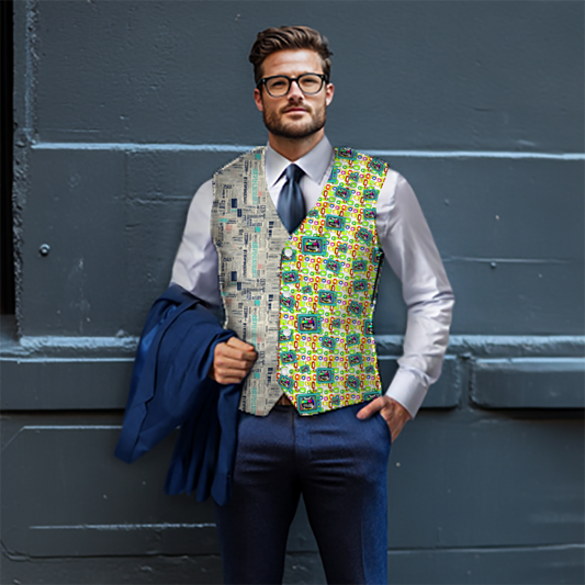 Rogue & Co Mismatch Woven Fabric Vest in retro media design featuring split pattern with vintage newsprint and colorful test pattern, styled with navy suit and white shirt against grey wall background