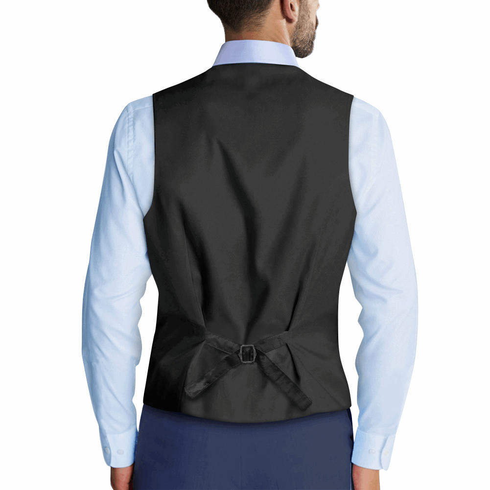 Back view of the Rogue & Co Woven Fabric Vest in black, styled with a light blue shirt for a polished look.