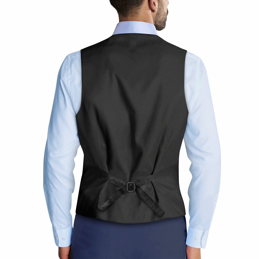 Rogue & Co Mismatch Woven Fabric Vest - Tropicana shown from back view, featuring black fabric with adjustable back strap, worn with light blue dress shirt and navy pants