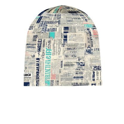 Full print Pullover cap featuring a stylish newspaper print pattern in blue and turquoise on white background. Beanie-style winter hat with all-over text design and modern typography elements.