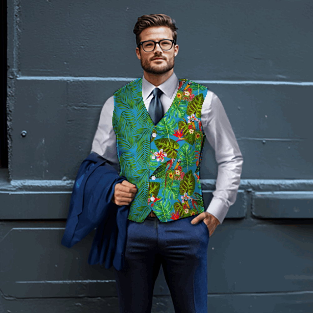 Rogue & Co Mismatch Woven Fabric Vest - Tropicana shown as a stylish tropical print waistcoat with vibrant green palm leaves and colorful birds design, paired with navy suit pants and white dress shirt against grey background