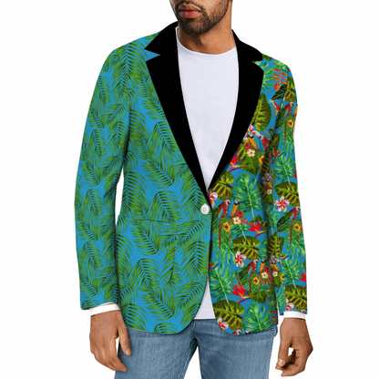 Rogue & Co. Men's Mismatch Casual Blazer - Tropicana featuring split design with palm leaves on blue background on left side and tropical foliage with colorful birds on right side, accented with black lapel, worn with white t-shirt and jeans