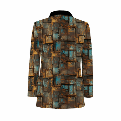 Rogue & Co. Men's Casual Blazer- Full Metal featuring unique oxidized metal-inspired print. Stylish sportscoat with rust, teal, and brown geometric pattern. Black collar adds contrast. Versatile piece for casual and smart-casual outfits.