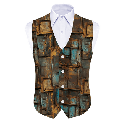 Rogue & Co Woven Fabric Vest - Full Metal featuring a unique oxidized metal-inspired pattern, displayed on a white shirt. The vest showcases a striking design with rustic browns, blues, and golden hues in a geometric pattern, giving an industrial yet stylish appearance.