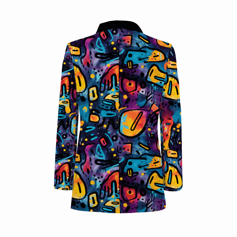 Rogue & Co. Men's Casual Blazer in Black Grunge featuring vibrant abstract pattern with colorful geometric shapes and artistic elements in blue, orange, purple, and yellow against a black background, designed for urban fashion style