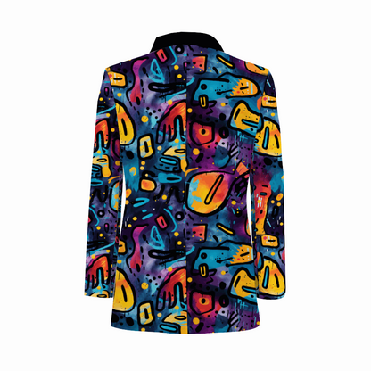 Rogue & Co. Men's Casual Blazer in Black Grunge featuring vibrant abstract pattern with colorful geometric shapes and artistic elements in blue, orange, purple, and yellow against a black background, designed for urban fashion style