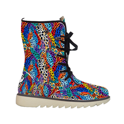 "Shop ShitHot Treadz Winter Boots - Wild Cheetah with bold neon print, luxurious velvet, and cozy fur lining."