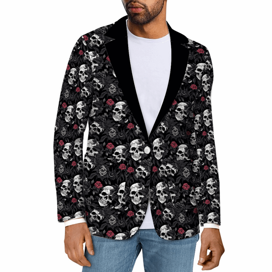 Rogue & Co. Men's Casual Blazer- Skull Rebel featuring a striking black and white skull pattern with red roses, worn by a man in a white shirt and jeans, showcasing edgy and bold fashion style.