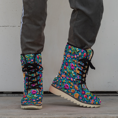 "Stylish Treadz Winter Boots - Petal Pop by ShitHot feature vibrant flower prints and luxurious velvet, perfect for winter."