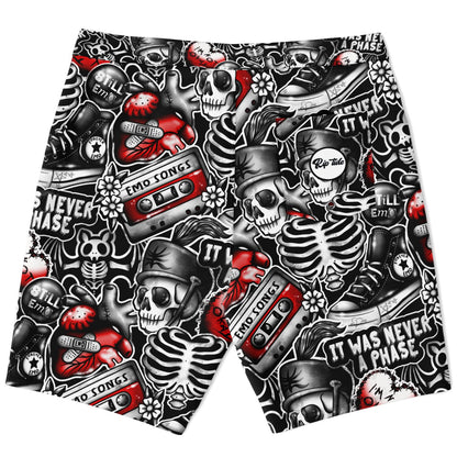 Rip Tide Men's Board Shorts featuring edgy black and white skeleton pattern with vintage cassette tapes, hearts, and red accents. Stylish emo-inspired design perfect for beach and pool wear