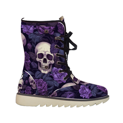 "Enchanting Treadz Winter Boots - Gothic Garden by ShitHot feature skulls and purple flowers for a gothic winter statement."