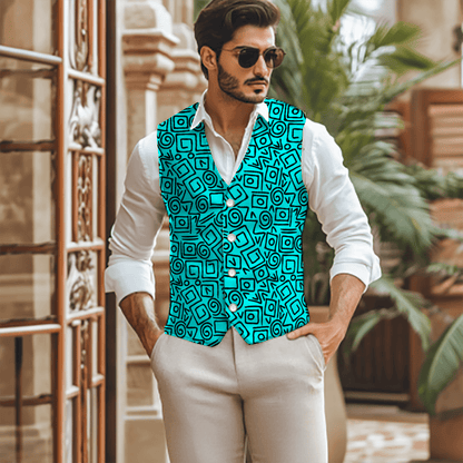 Man in stylish Rogue & Co Woven Fabric Vest with abstract blue pattern, perfect for any occasion.