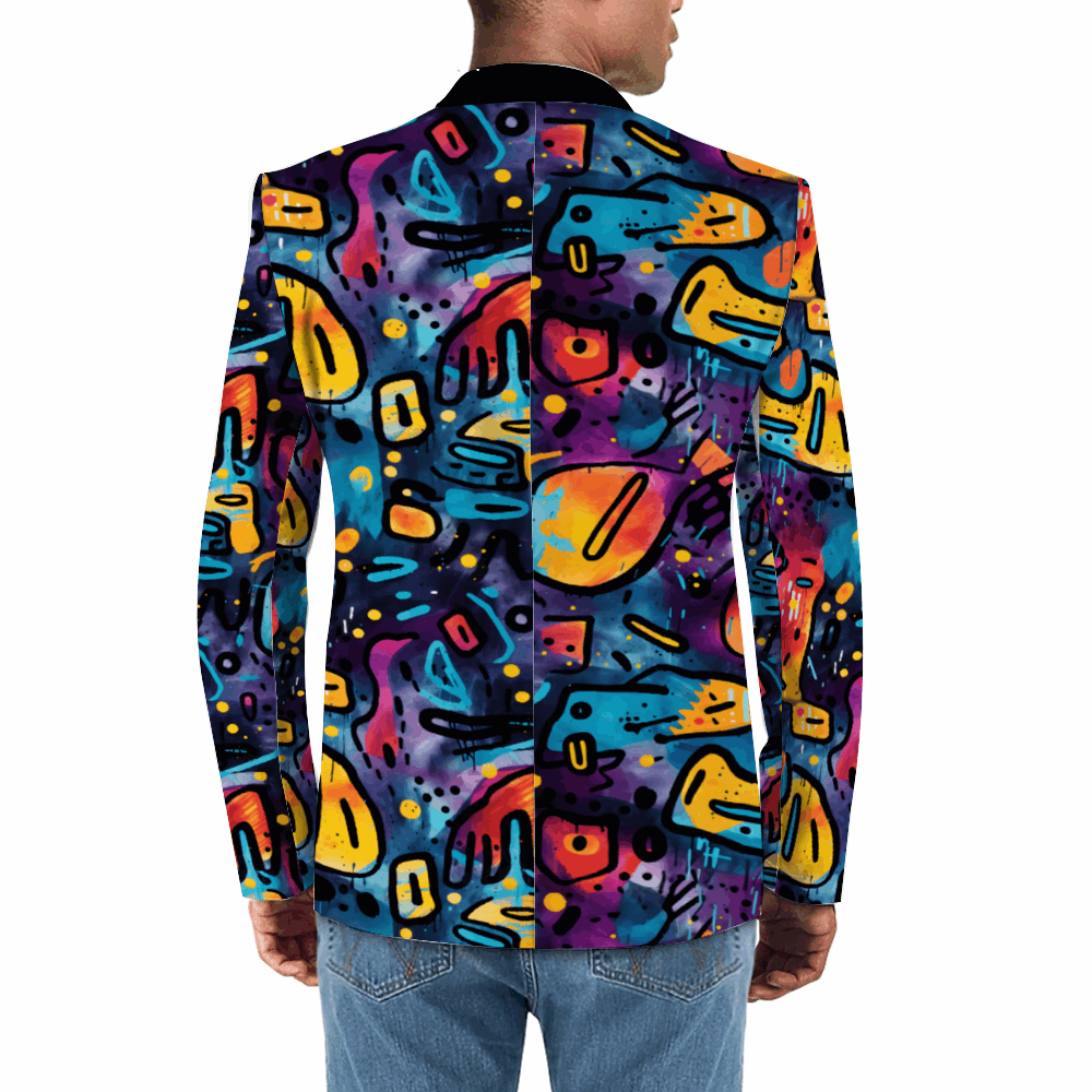 Rogue & Co. Men's Casual Blazer in Black Grunge featuring vibrant graffiti-style abstract pattern in blue, orange, purple, and yellow colors, showcasing urban street art design on a fitted blazer silhouette, viewed from the back