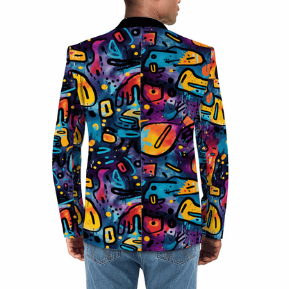 Rogue & Co. Men's Casual Blazer in Black Grunge featuring vibrant graffiti-style abstract pattern in blue, orange, purple, and yellow colors, showcasing urban street art design on a fitted blazer silhouette, viewed from the back