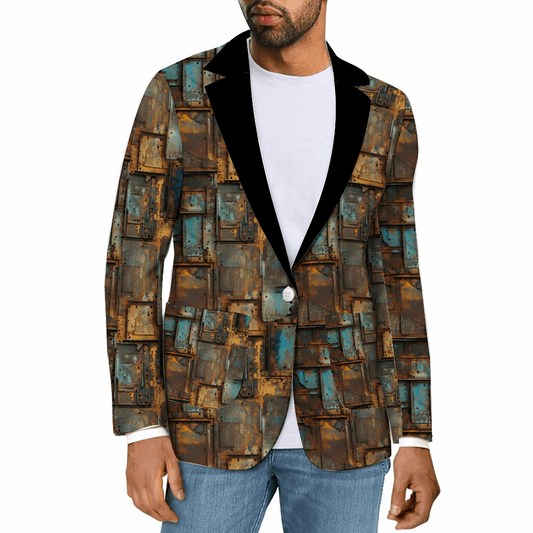 Rogue & Co. Men's Casual Blazer- Full Metal with unique oxidized metal-inspired print, worn over white t-shirt and jeans. Blazer features rustic teal, brown, and gold geometric pattern, black lapels, and single button closure.