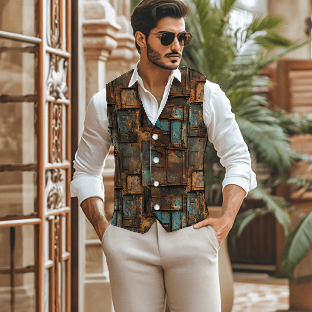 Stylish man wearing Rogue & Co Woven Fabric Vest - Full Metal with unique oxidized metal pattern, paired with white shirt and sunglasses, standing confidently in elegant setting with palm plants