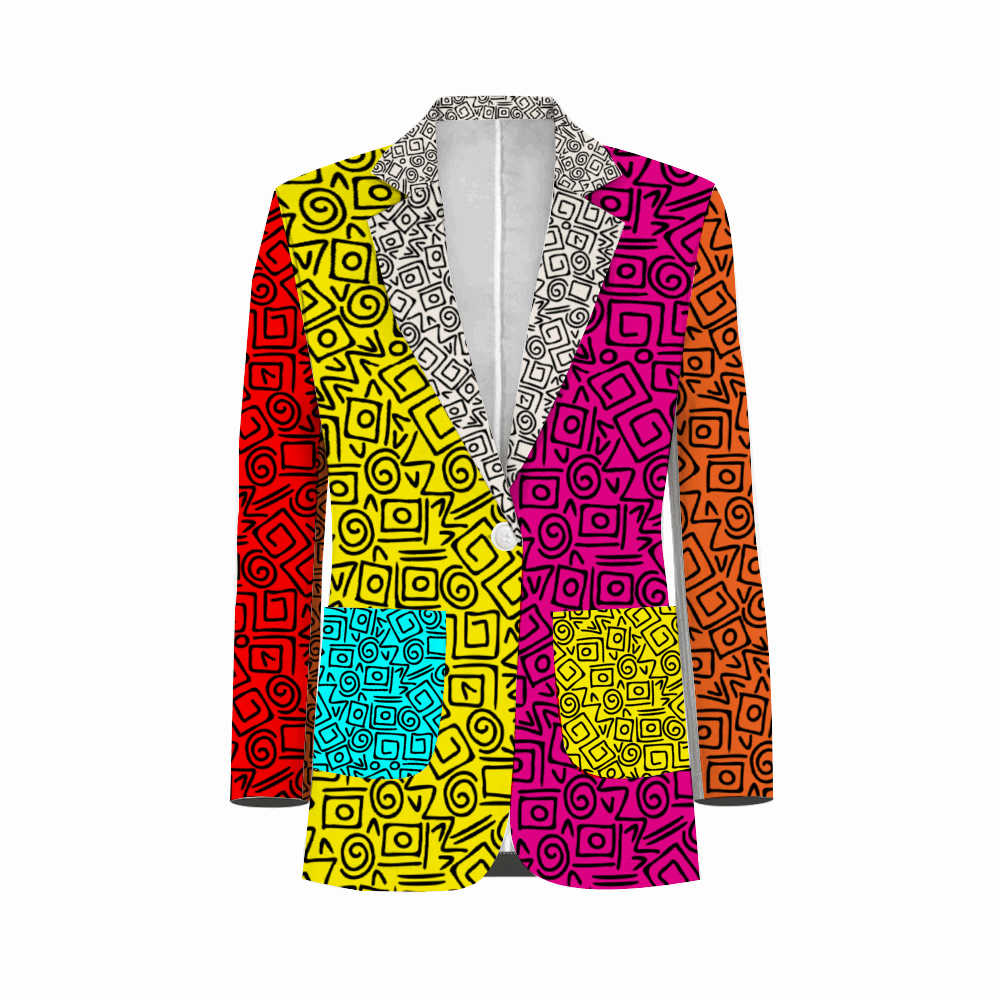 Rogue & Co. Men's Casual Blazer- Abstract Fugly featuring vibrant multicolored geometric patterns, including red, yellow, pink, and blue sections with black abstract designs, on a stylish single-breasted jacket with notched lapels and front pockets.