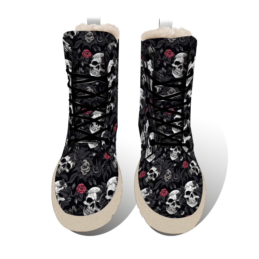 "Bold Treadz Winter Boots - Skull Rebel by ShitHot showcase striking skull and rose designs, ideal for edgy winter style."