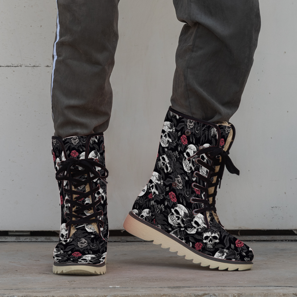 "Bold Treadz Winter Boots - Skull Rebel by ShitHot showcase striking skull and rose designs, ideal for edgy winter style."