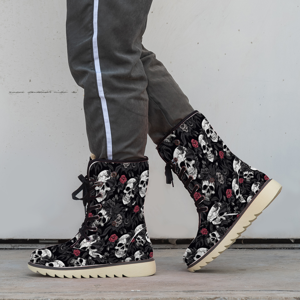 "Bold Treadz Winter Boots - Skull Rebel by ShitHot showcase striking skull and rose designs, ideal for edgy winter style."