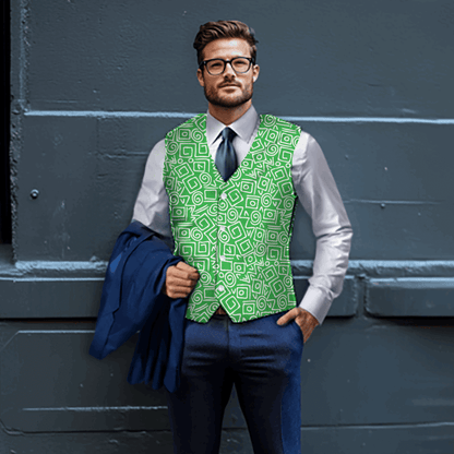 Man wearing Rogue & Co Woven Fabric Vest in bold green abstract pattern, paired with a business shirt and trousers.