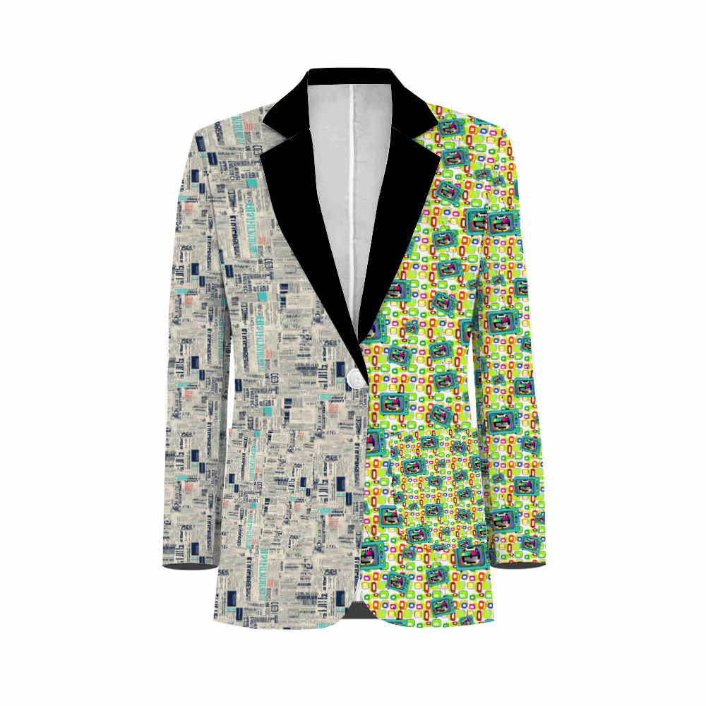 Rogue & Co. Men's Mismatch Casual Blazer featuring split design with vintage newspaper print on left side and vibrant test pattern on right, accented with black lapel, creating a unique retro media-inspired statement piece