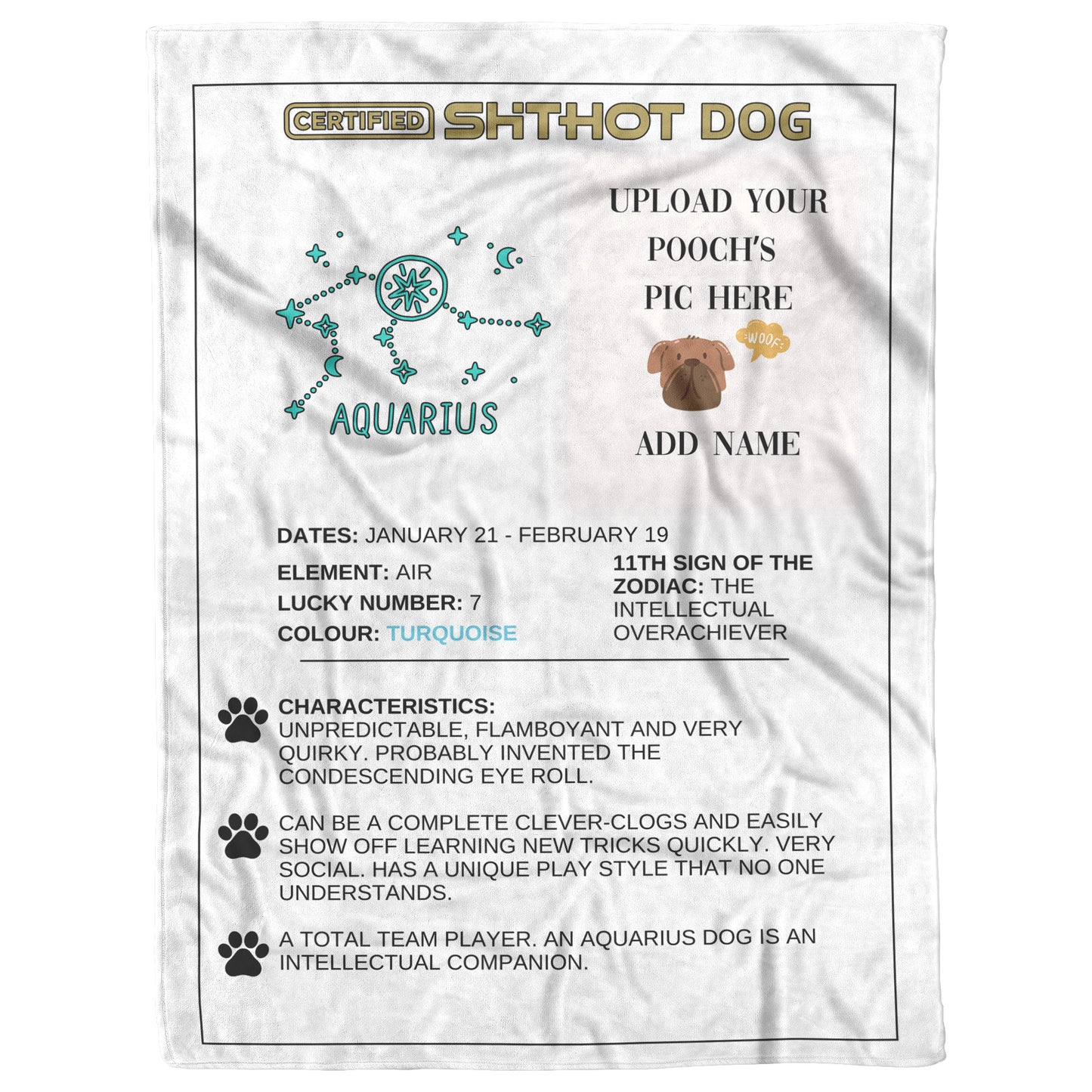 Certified ShitHot Customizable Zodiac Canine Blanket - Aquarius