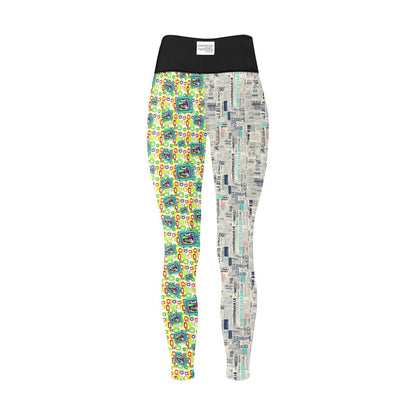 High Waisted Mismatch Core FX Mismatch Leggings - Retro Media featuring split design with colorful vintage TV test pattern print on left leg and retro newspaper print on right leg, complete with black elastic waistband. Form-fitting athletic wear with unique contrasting patterns.